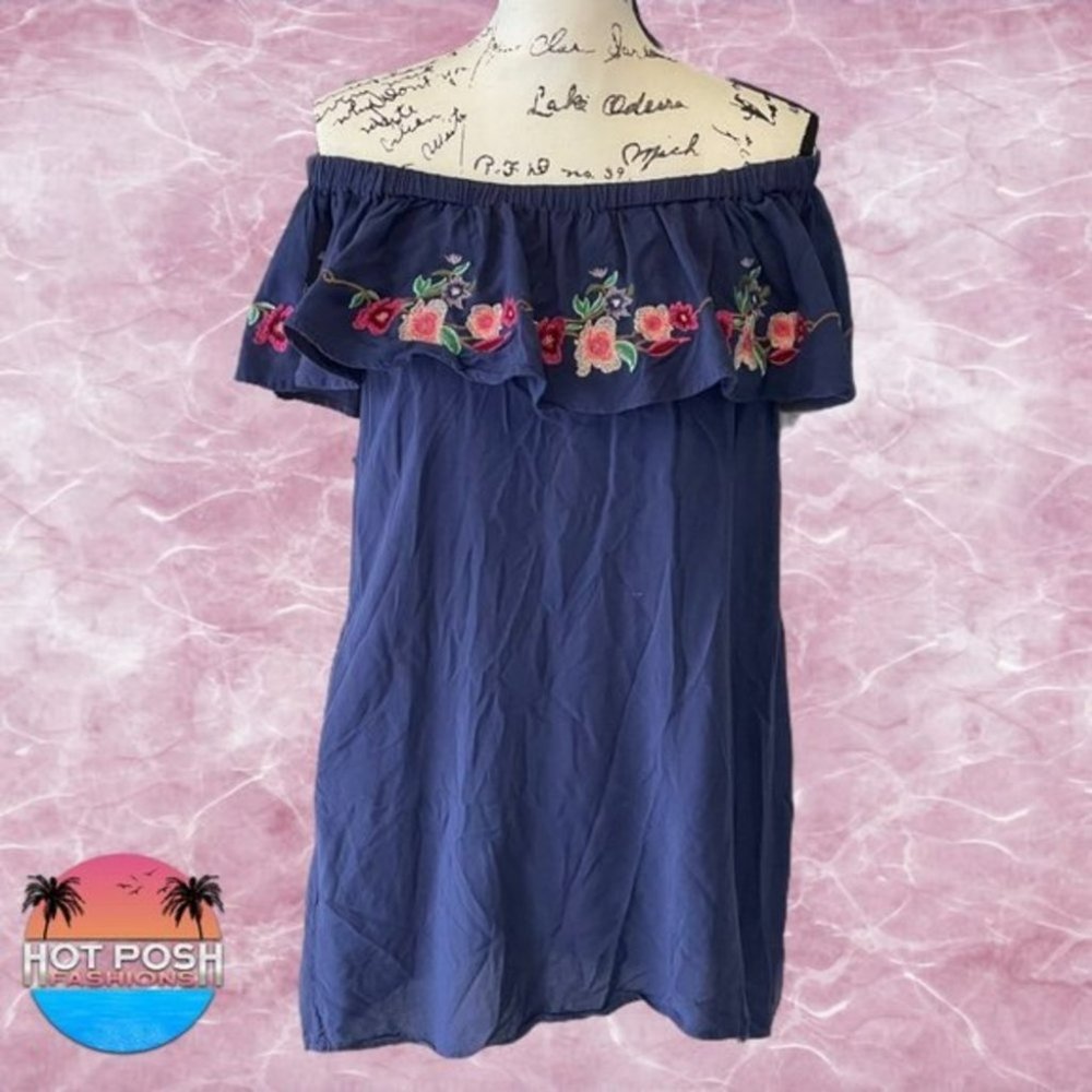 Umgee CottageCore Boho Blue Floral Embroidered Off Shoulder Mini Dress Sz Small